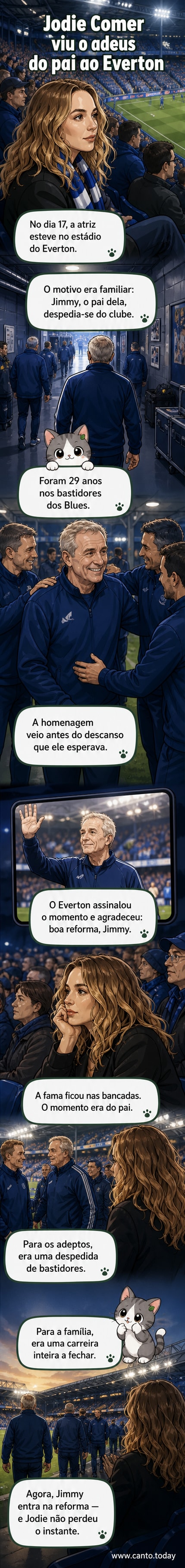Jodie Comer sorri emocionada ao lado do pai, Jimmy, em frente ao campo do Everton, com torcedores aplaudindo ao fundo.
