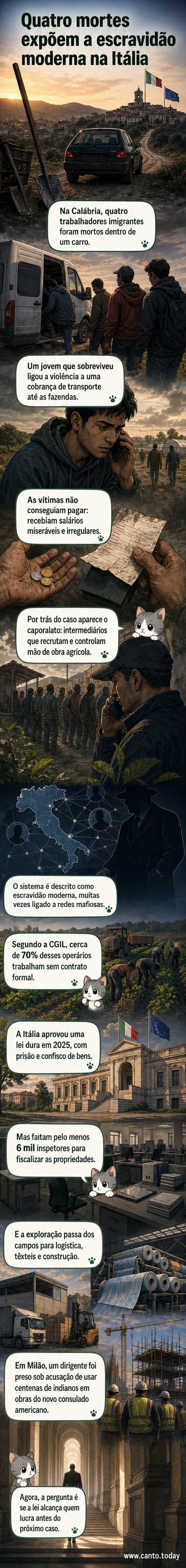 Ilustração sombria mostrando um carro em chamas em um campo agrícola na Itália, com silhuetas de pessoas ao fundo, simbolizando o crime contra imigrantes e o sistema de exploração laboral.
