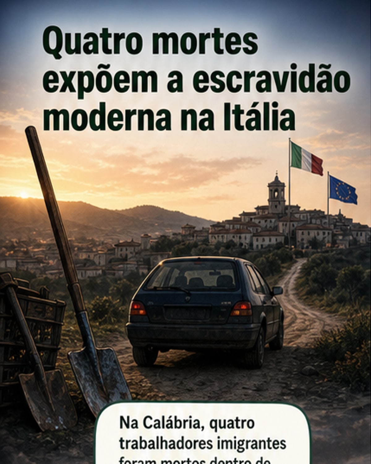 Ilustração sombria mostrando um carro em chamas em um campo agrícola na Itália, com silhuetas de pessoas ao fundo, simbolizando o crime contra imigrantes e o sistema de exploração laboral.