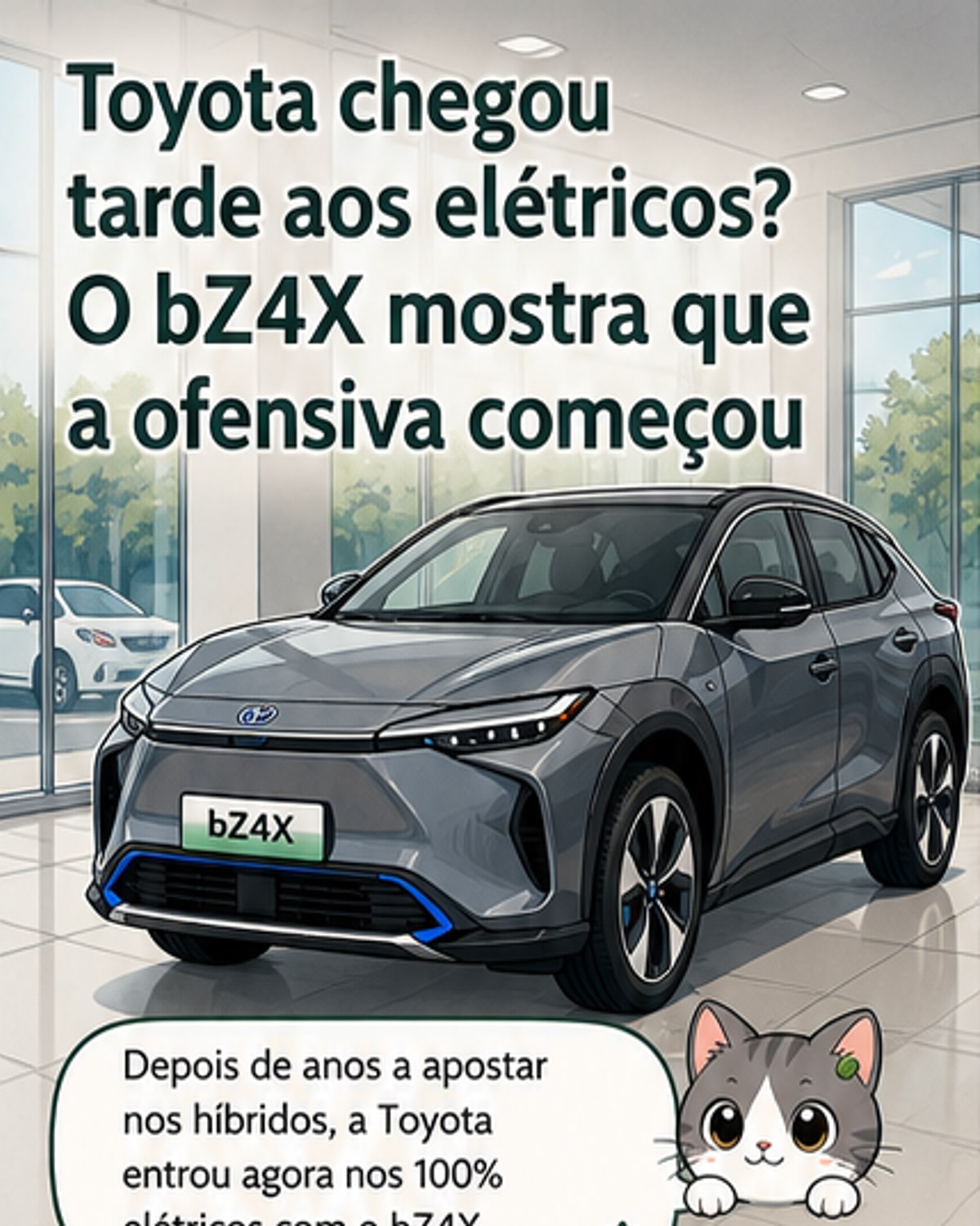 Ilustração de um Toyota bZ4X em estrada, com foco no design moderno e na transição da marca para veículos elétricos.