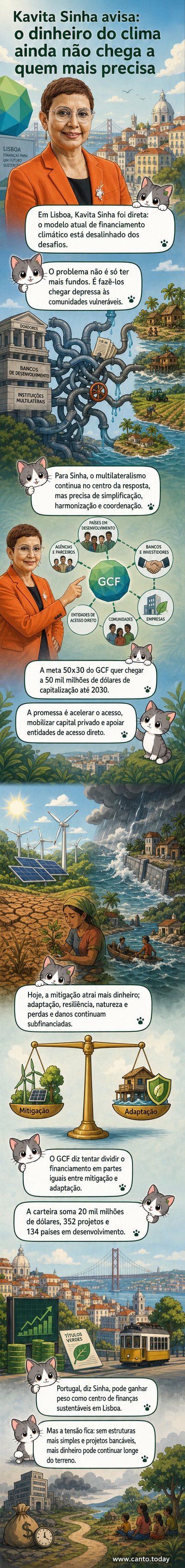 Ilustração de um cofre climático com pilhas de dinheiro rotulado 'mitigação' visíveis, enquanto comunidades vulneráveis em regiões remotas aguardam apoio, com gráficos mostrando desequilíbrio entre adaptação e mitigação.