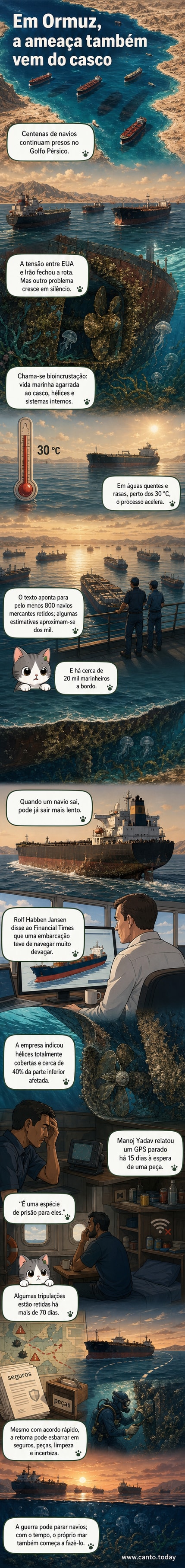 Ilustração de um navio mercante no Golfo Pérsico com o casco coberto por cracas e algas, enquanto drones sobrevoam a superfície e marinheiros observam de bordo.