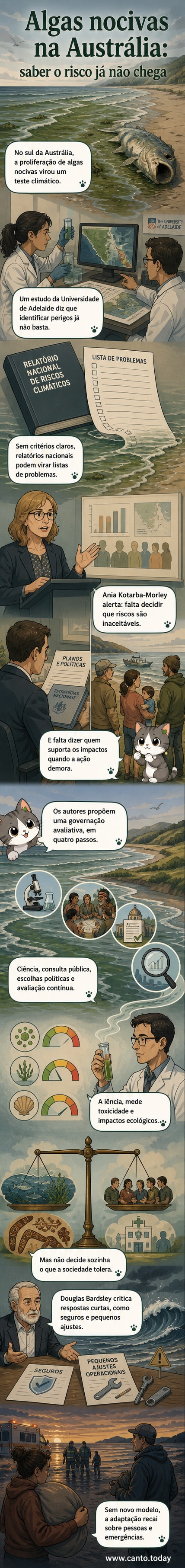 Ilustração de uma costa australiana com água verde-escura por proliferação de algas, com painéis laterais mostrando cientistas analisando dados e comunidades em diálogo com autoridades.