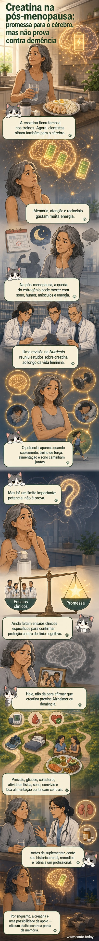 Ilustração de uma mulher na pós-menopausa com ícones de cérebro e músculo ao redor, representando o efeito da creatina na saúde cerebral e física.