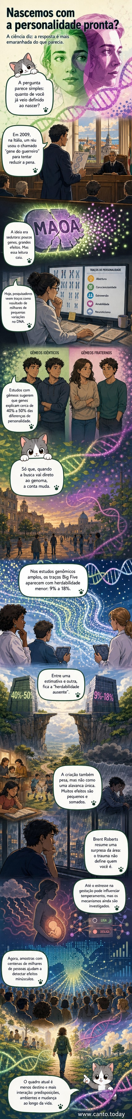 Ilustração de dois perfis humanos, um feito de DNA e outro de ícones de experiências de vida, mostrando a interação entre genética e ambiente na formação da personalidade.