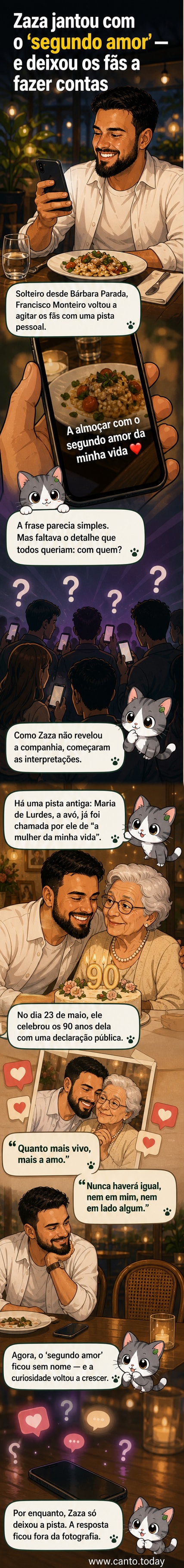Ilustração estilizada de Francisco Monteiro (Zaza) sentado à mesa com uma senhora idosa, ambos sorrindo, com um prato de comida no centro e corações flutuando ao redor.