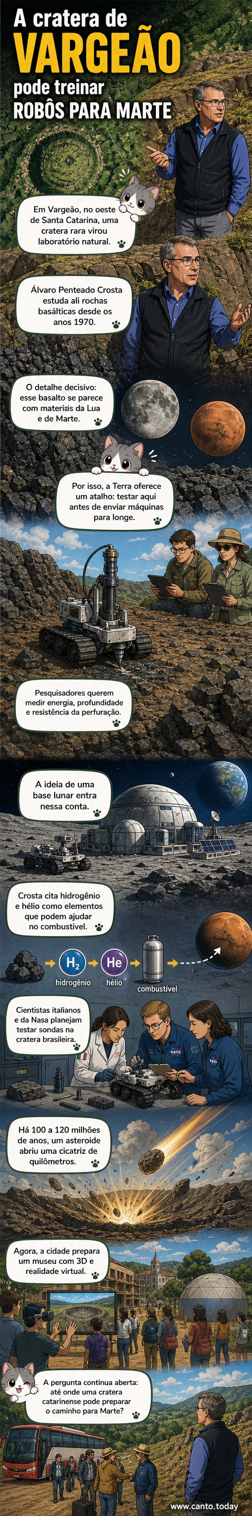 Imagem de satélite mostrando a cratera circular de Vargeão, em Santa Catarina, com bordas suavizadas pela erosão e área central plana, cercada por vegetação.