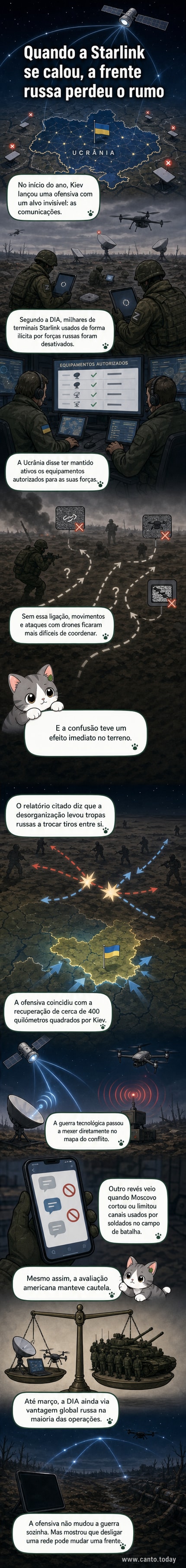 Ilustração de um campo de batalha com soldados russos confusos após perda de sinal de satélite Starlink, com explosões ao fundo e equipamentos eletrónicos desligados.