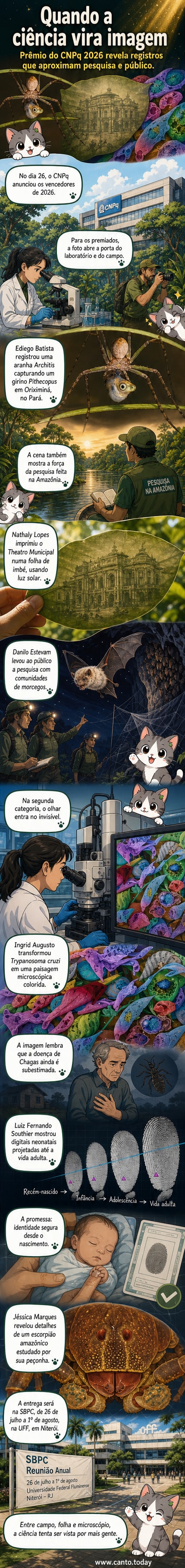 Painel visual com seis imagens científicas premiadas: predador na floresta, folha com imagem do Theatro Municipal, morcego em voo, parasita colorido, evolução de digital neonatal e escorpião em close