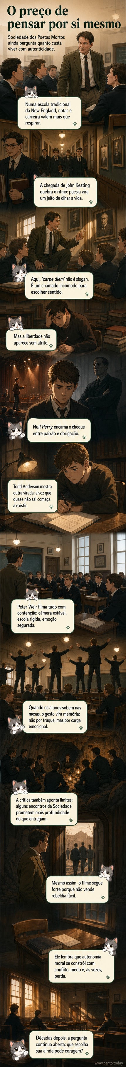 Capa do webtoon com a silhueta de um professor diante de uma sala de aula antiga, enquanto alunos se levantam sobre as carteiras com livros nas mãos, ao fundo um pôr do sol dourado.