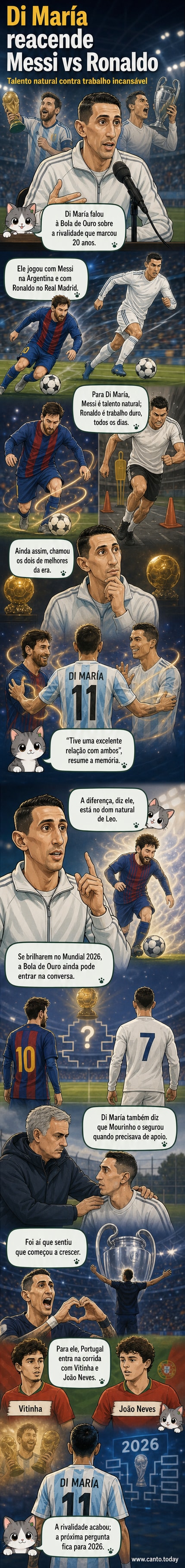 Ilustração de Di María entre Messi e Ronaldo, com um balão de pensamento mostrando talento natural versus trabalho árduo.