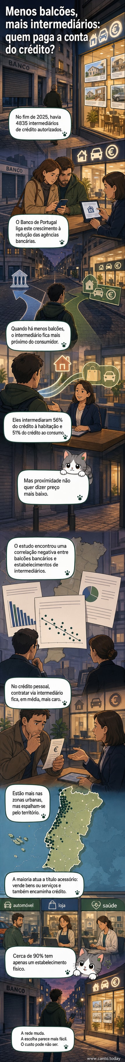 Ilustração mostrando uma balança com uma agência bancária fechada de um lado e um intermediário de crédito ativo do outro, com gráficos de crescimento e declínio ao fundo.