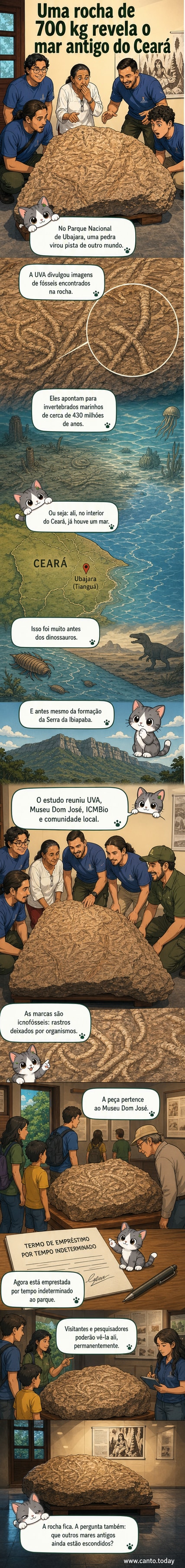 Pedaço de rocha com marcas de fósseis de invertebrados marinhos, exibido em exposição ao ar livre no Parque Nacional de Ubajara, no Ceará.