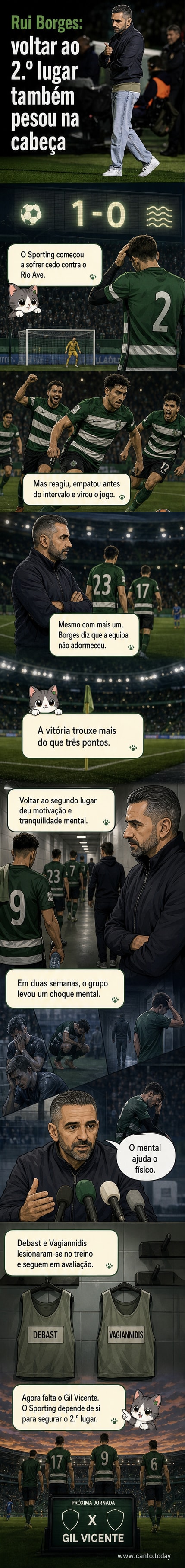Treinador Rui Borges em campo, falando com expressão séria, com o estádio ao fundo.