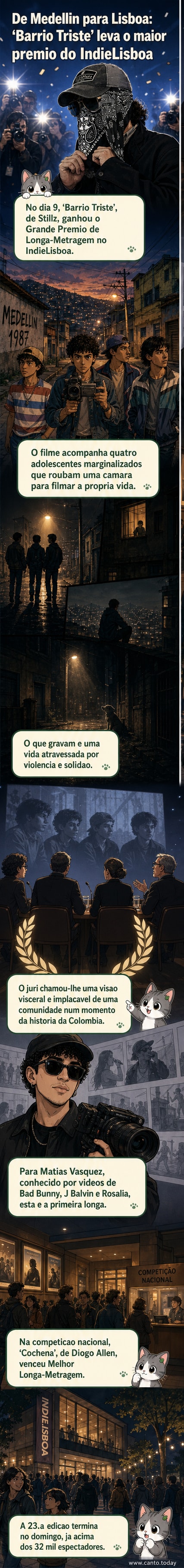 Cartaz do filme 'Barrio Triste' com quatro adolescentes em um cenário urbano sombrio, ao fundo a cidade de Medellín em 1987.