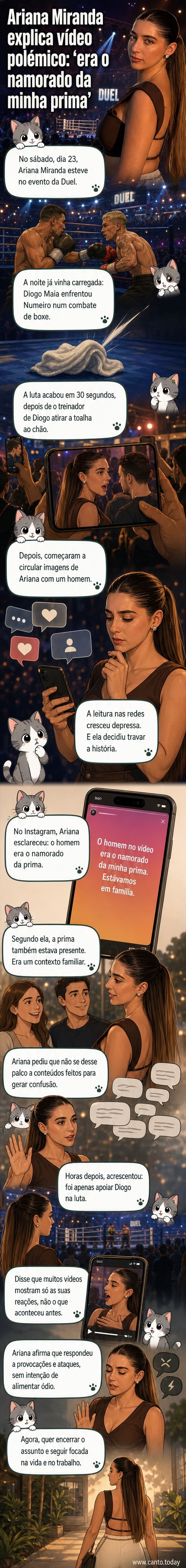 Ilustração de Ariana Miranda em frente a um ringue de boxe, com expressão séria, enquanto segura o telemóvel mostrando mensagens de esclarecimento. Ao fundo, silhuetas de público e luzes de evento.