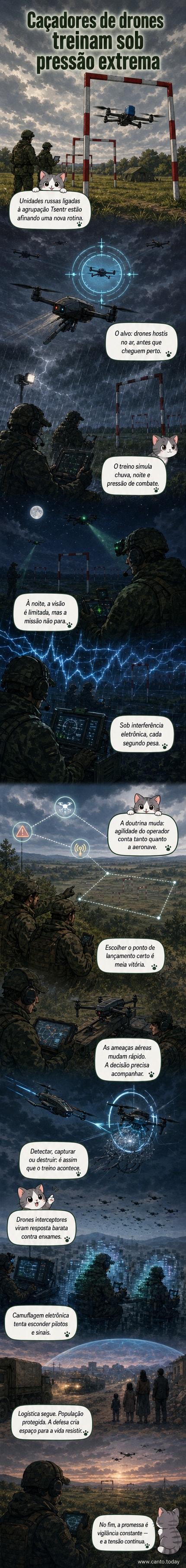 Soldados russos em treinamento militar simulam a detecção e destruição de drones inimigos em campo aberto com obstáculos, durante exercício noturno sob luzes intensas.