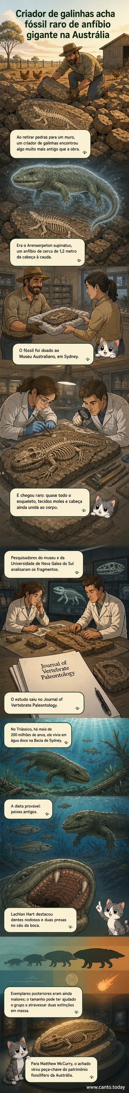 Ilustração de um anfíbio pré-histórico com corpo alongado e cabeça robusta, semelhante a uma salamandra gigante, em um ambiente de margem de rio no período Triássico.