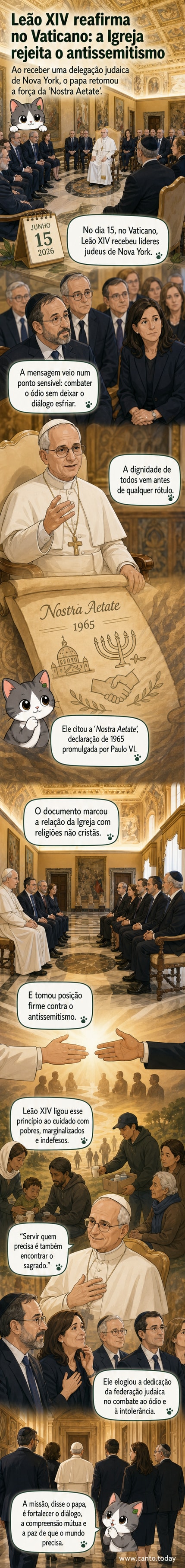 Ilustração do papa Leão XIV recebendo uma delegação judaica no Vaticano, com símbolos de diálogo inter-religioso ao fundo.