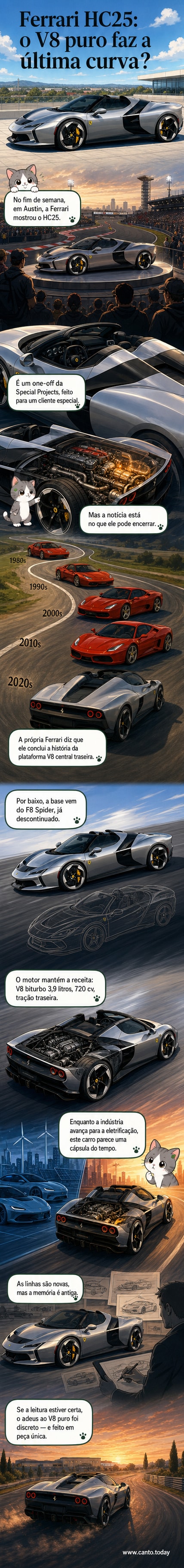 Ferrari HC25 em pista no Texas, com design futurista e motor V8 traseiro exposto, simbolizando o fim de uma era de supercarros sem eletrificação.