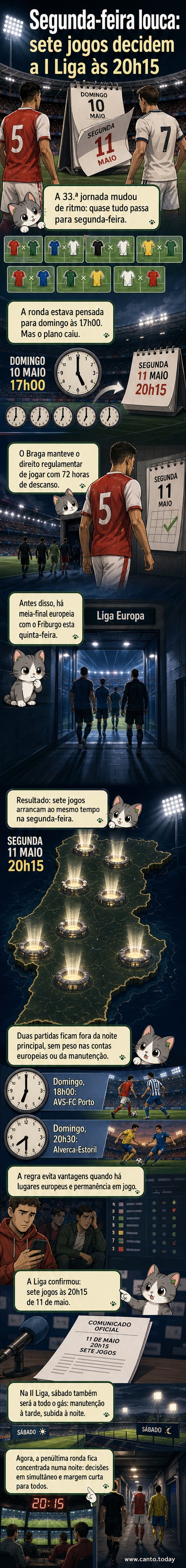 Ilustração de um calendário com a data 11 de maio destacada, sete jogos marcados ao mesmo horário, com bandeiras de clubes portugueses ao redor.