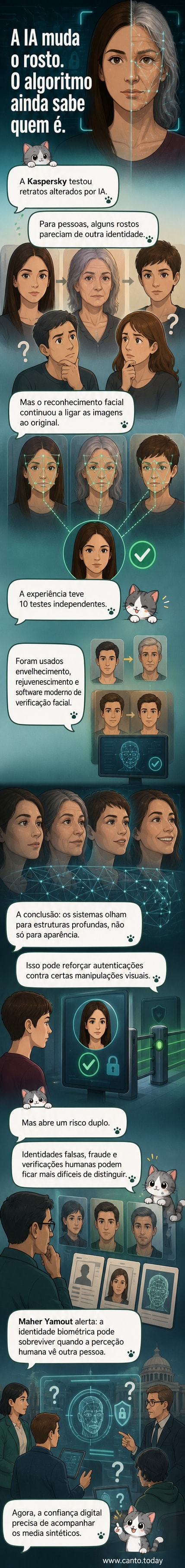 Ilustração de um rosto sendo analisado por algoritmos de reconhecimento facial, com camadas de IA sobrepostas mostrando envelhecimento e rejuvenescimento digital.