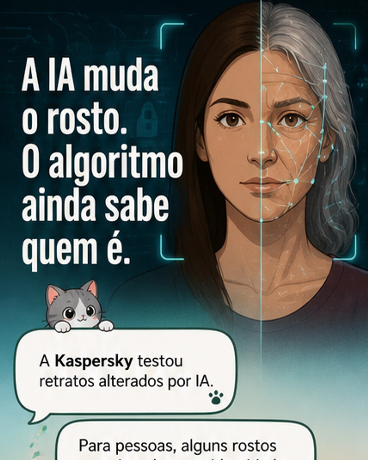 Ilustração de um rosto sendo analisado por algoritmos de reconhecimento facial, com camadas de IA sobrepostas mostrando envelhecimento e rejuvenescimento digital.