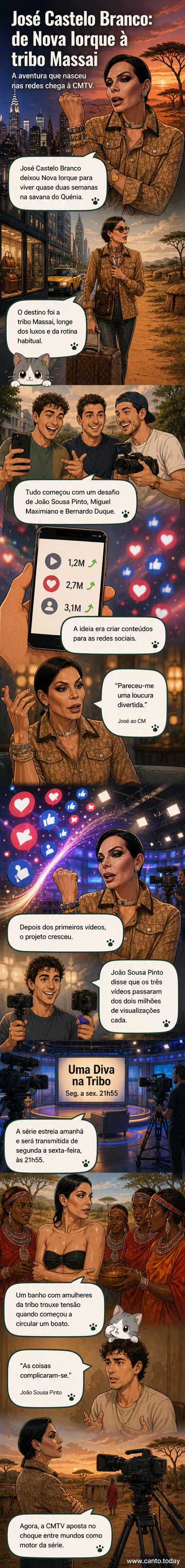 Ilustração de José Castelo Branco em trajes tradicionais Massai, no meio da savana africana, com expressão surpresa e mulheres da tribo ao fundo.