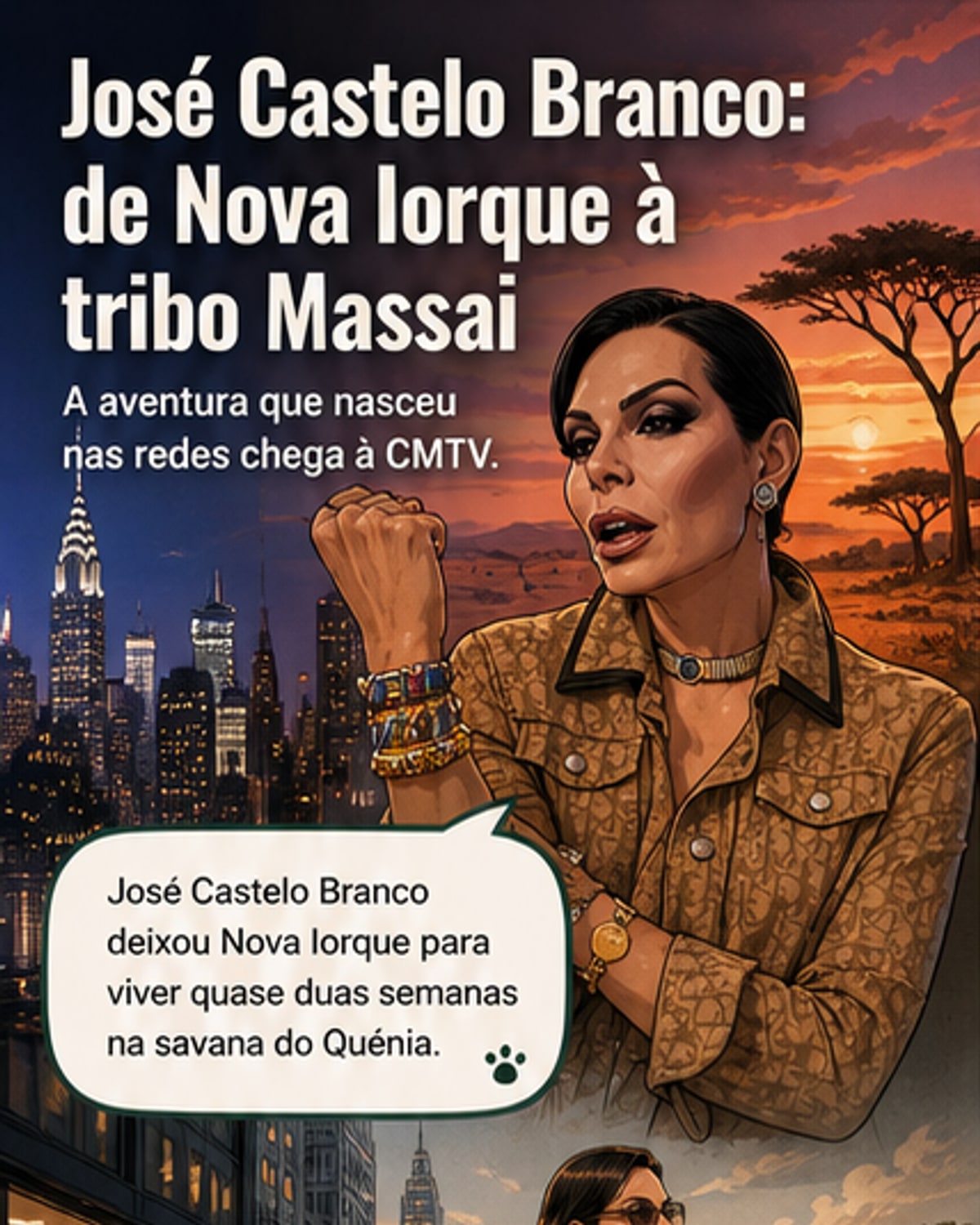 Ilustração de José Castelo Branco em trajes tradicionais Massai, no meio da savana africana, com expressão surpresa e mulheres da tribo ao fundo.