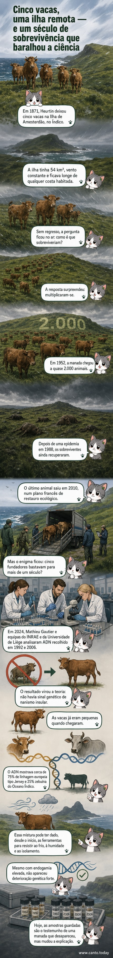 Ilustração de cinco vacas em uma ilha rochosa e ventosa, com o oceano ao fundo, simbolizando isolamento e adaptação ao longo do tempo.