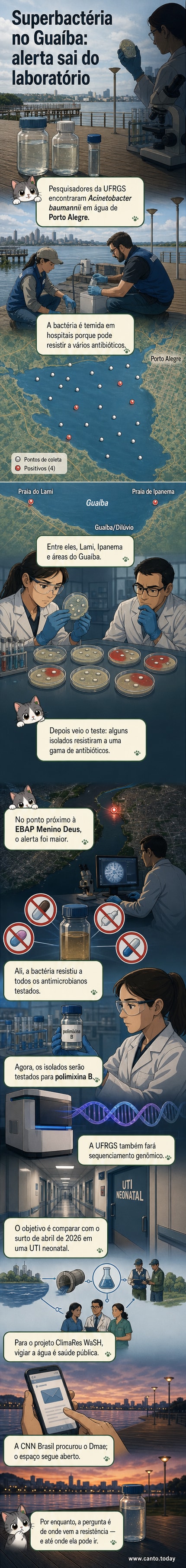 Ilustração de cientistas analisando amostras de água com destaque para bactérias multirresistentes em ambiente urbano de Porto Alegre.