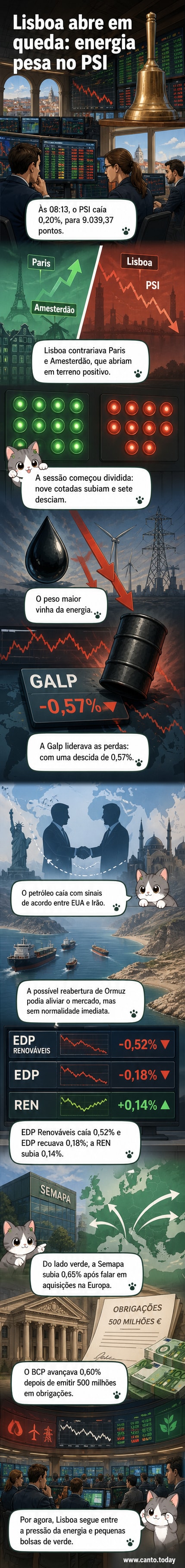 Gráfico de bolsa com seta para baixo sobre Lisboa, ao lado de ícones de petróleo e energia elétrica, com nomes Galp, EDP e BCP destacados.