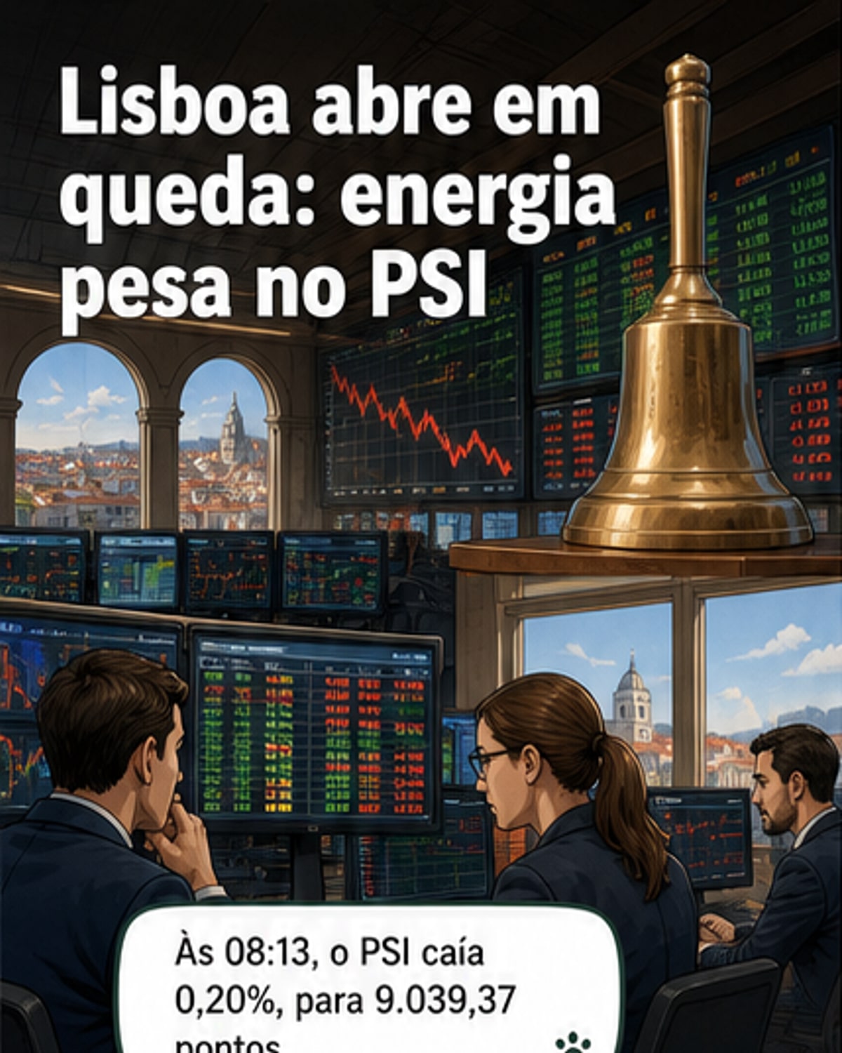 Gráfico de bolsa com seta para baixo sobre Lisboa, ao lado de ícones de petróleo e energia elétrica, com nomes Galp, EDP e BCP destacados.