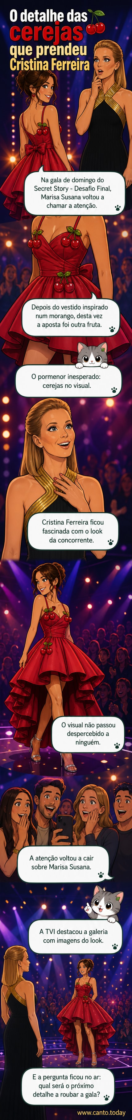 Marisa Susana em palco com um vestido vermelho e preto inspirado em cerejas, sob luzes coloridas, enquanto Cristina Ferreira observa do lado direito.