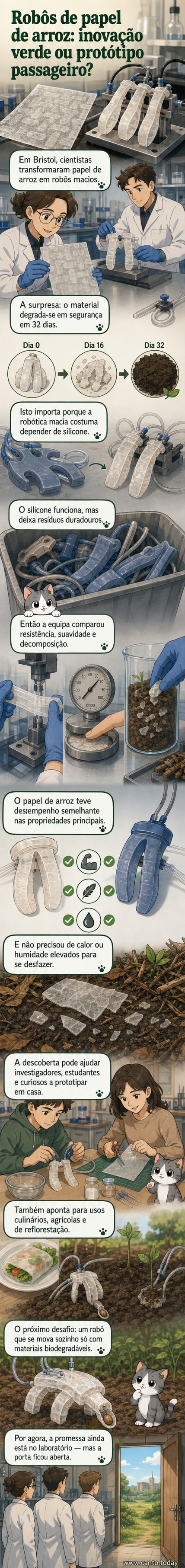 Ilustração de um robô macio feito de papel de arroz em decomposição no solo, com raízes brotando ao redor.