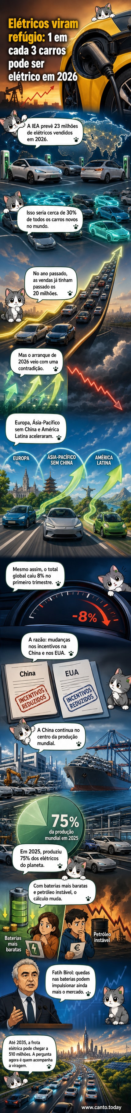 Ilustração de um carro elétrico em estrada global, com gráficos de crescimento e ícones de baterias e petróleo ao fundo, simbolizando a transição energética no transporte.