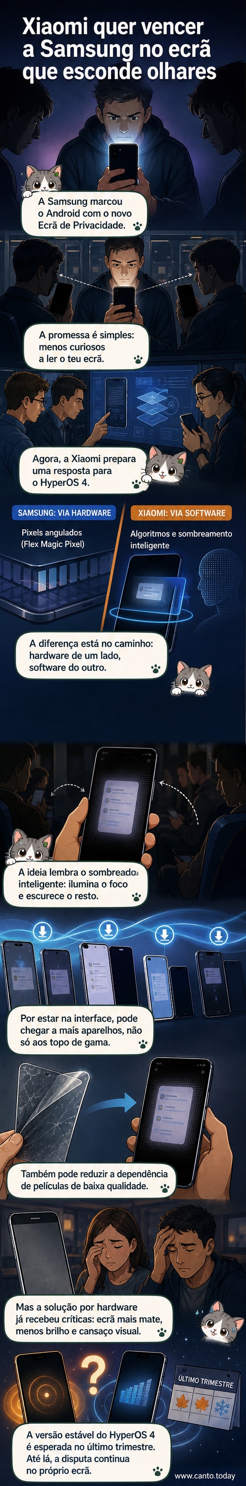 Ilustração comparativa entre o ecrã de privacidade por hardware da Samsung e a solução baseada em software da Xiaomi, mostrando diferenças no brilho, design e compatibilidade com dispositivos antigos.