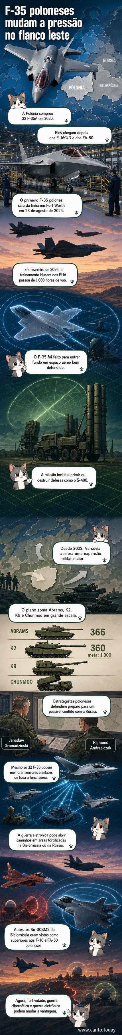 Ilustração de um caça F-35 voando sobre a fronteira leste da Europa, com destaque para a Polônia e a Rússia, em um cenário de tensão militar.