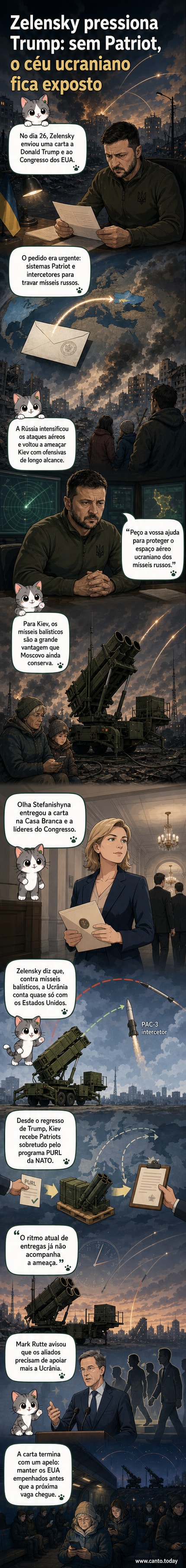 Ilustração de Volodymyr Zelensky segurando uma carta endereçada aos EUA, com fundo de mísseis e sistemas Patriot no céu da Ucrânia.