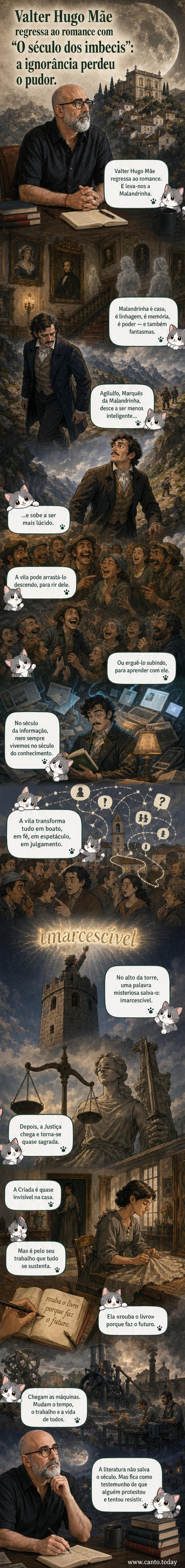 Ilustração estilizada de uma casa antiga em meio a montanhas, com uma figura andrajosa descendo um caminho e uma criada observando de uma janela, simbolizando o romance 'O Século dos Imbecis' de Valter Hugo Mãe.