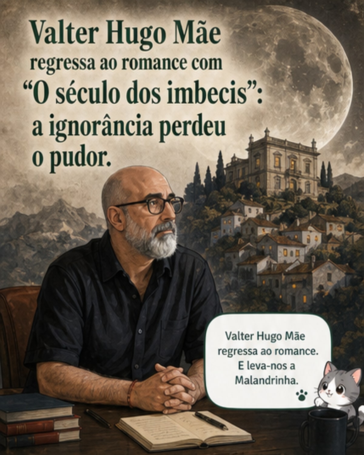 Ilustração estilizada de uma casa antiga em meio a montanhas, com uma figura andrajosa descendo um caminho e uma criada observando de uma janela, simbolizando o romance 'O Século dos Imbecis' de Valter Hugo Mãe.