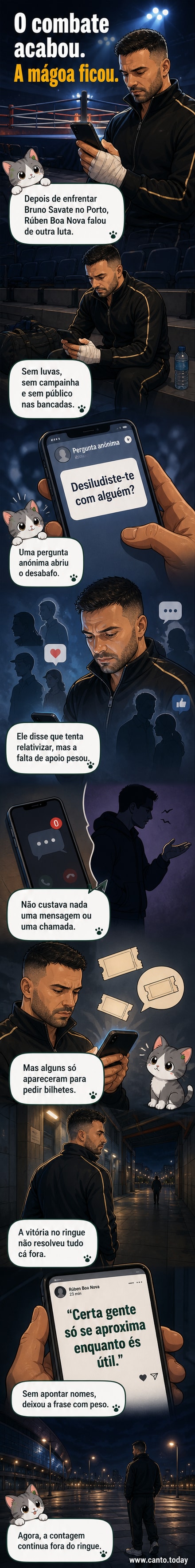 Ilustração de Rúben Boa Nova no ringue, com expressão pensativa, enquanto mensagens de apoio ausentes e pedidos de bilhetes flutuam ao redor.