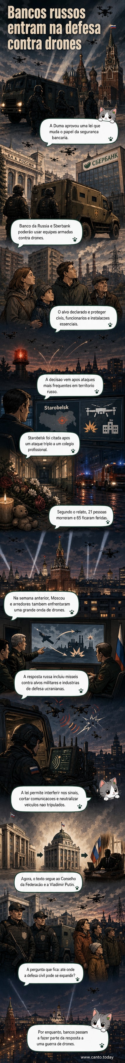 Ilustração editorial mostrando bancos russos com pessoal armado derrubando drones sobre áreas urbanas, com foco na defesa de civis e infraestrutura.