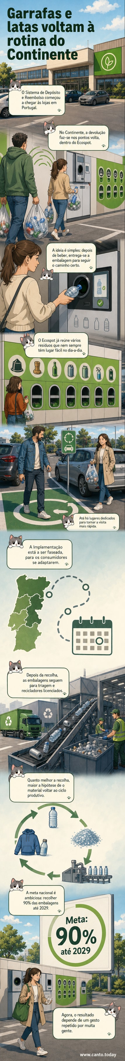 Ilustração de uma pessoa a devolver garrafas de plástico numa máquina automática Ecospot do Continente, com logótipo SDR visível e zona de estacionamento dedicada ao lado.