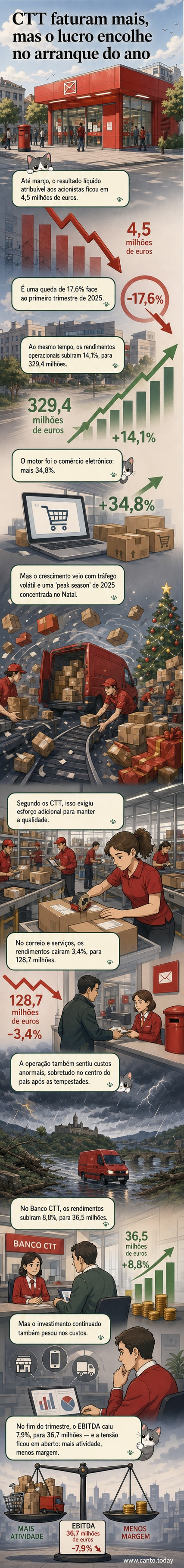 Ilustração de um camião de correio CTT com pacotes, sob um céu nublado, com gráficos de lucro em queda ao fundo.