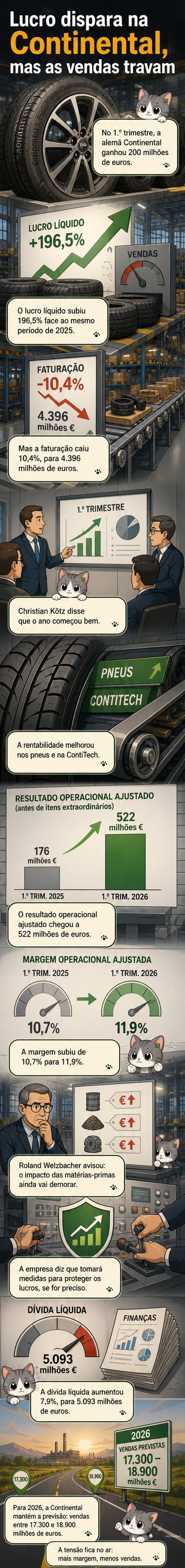 Gráfico de lucro ascendente com pneus e engrenagens ao fundo, simbolizando o forte crescimento nos lucros da Continental apesar da queda na faturação.