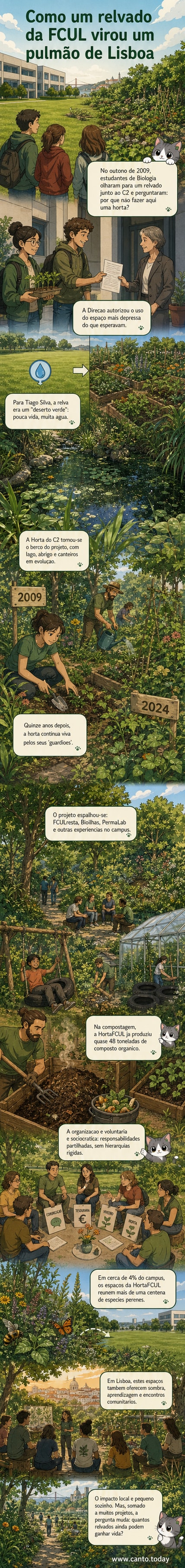 Vista aérea de uma horta urbana com canteiros biodiversos, uma pequena lagoa e uma estrutura de caniço, no campus da Faculdade de Ciências de Lisboa.