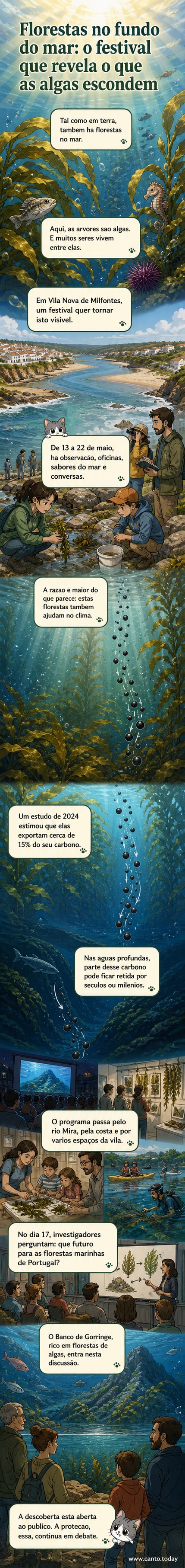 Ilustração de uma floresta submarina com algas altas, peixes coloridos e cientistas a mergulhar, com o rio Mira e Vila Nova de Milfontes ao fundo.