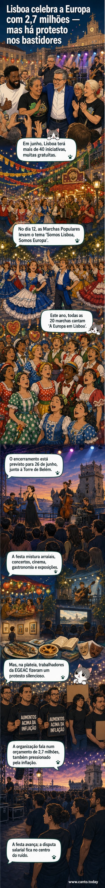 Artistas e marchas populares em apresentação das Festas de Lisboa 2026, com a Torre de Belém ao fundo e o tema 'Somos Lisboa, Somos Europa'.