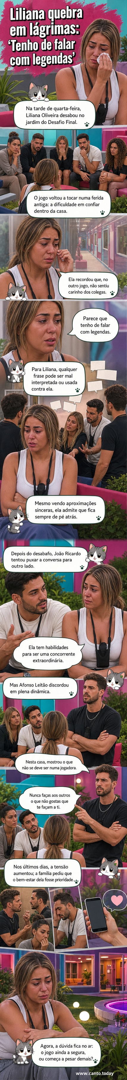 Liliana Oliveira chora sentada no jardim da casa do 'Secret Story – Desafio Final', com colegas ao fundo.